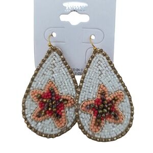 Icon Collection Beaded Starfish Teardrop Earrings White Coral Gold NWT
